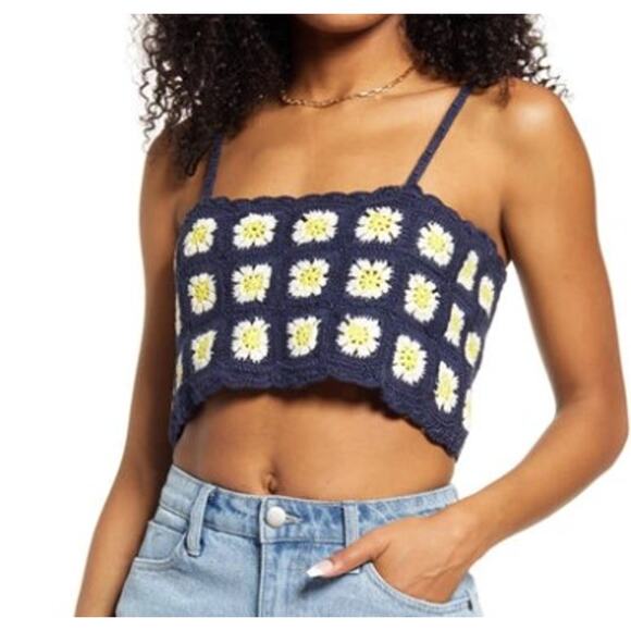 BP Boho Crochet Crop Camisole Tank Top Daisy Blue White Yellow L - Picture 1 of 5